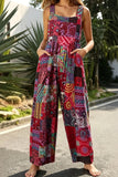 Women's Casual Patchwork Dual Pocket Loose Red Floral Print Bohemian Jumpsuit