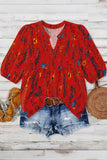 Plus Size Floral Print Notched Neck Boho Casual Summe Blouse