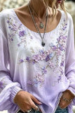 Crew Neck Long Sleeve Floral Printing Lightweight Micro-Elasticity Loose Blouse For Women