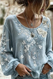 Crew Neck Long Sleeve Floral Regular Micro-Elasticity Loose Blouse For Women
