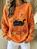 Women Casual Cat Pumpkin Crew Neck Long Sleeve Sweatshirt