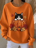 Women Casual Cat Maple Leaf Crew Neck Loose Sweatshirt