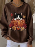 Women Casual Cat Maple Leaf Crew Neck Loose Sweatshirt