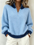 Women Blue Plain Long Sleeve Comfy Casual Sweater
