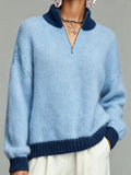 Women Blue Plain Long Sleeve Comfy Casual Sweater