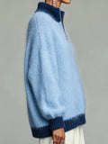 Women Blue Plain Long Sleeve Comfy Casual Sweater