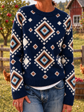 Women Vintage Ethnic Geometry Crew Neck Long Sleeve Sweater