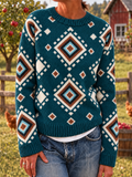 Women Vintage Ethnic Geometry Crew Neck Long Sleeve Sweater