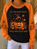 Women Casual Color Block Halloween Pumpkin Crew Neck Long Sleeve Sweatshirt