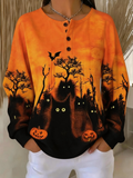 Women Casual Halloween Cat Henley Collar Long Sleeve Sweatshirt