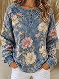 Casual Vintage Floral Henley Collar Long Sleeve Sweatshirt