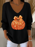 Women's Casual Halloween Sequin Pumpkin Print V Neck Long Sleeve Sweater