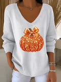 Women's Casual Halloween Sequin Pumpkin Print V Neck Long Sleeve Sweater