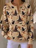 Women Vintage Cat Henley Collar Long Sleeve Sweatshirt