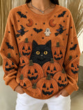 Women Casual Cat Pumpkin Crew Neck Long Sleeve Sweatshirt