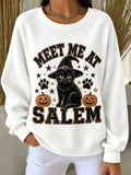 Women Casual Halloween Cat Pumpkin Crew Neck Long Sleeve Sweatshirt