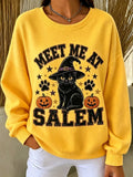 Women Casual Halloween Cat Pumpkin Crew Neck Long Sleeve Sweatshirt