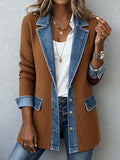 Women Outerwear Vintage Split Joint Contrast Stitching Long Sleeve Lapel Collar Jacket