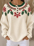 Women Casual Christmas Geometric Henley Collar Long Sleeve Sweater