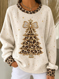 Women Casual Leopard Christmas Trees Crew Neck Long Sleeve Sweatshirt