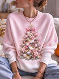 Women's Pink Christmas Tree Print Casual Sweater