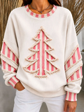 Women's Vintage Christmas Tree Art Ribbed Round-Neck Sweatshirt