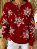 Women's Snowflake Casual Christmas Henley Collar Long Sleeve Sweatshirt