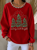 Women's Casual Christmas Tree Plaid Crew Neck Long Sleeve Sweatshirt