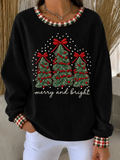 Women's Casual Christmas Tree Plaid Crew Neck Long Sleeve Sweatshirt