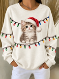 Women's Cat Casual Christmas Crew Neck Sweatshirt