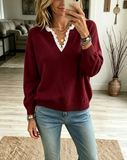 Women's  Lace Trim V-Neck Casual Long Sleeve Knit Sweater