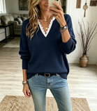 Women's  Lace Trim V-Neck Casual Long Sleeve Knit Sweater