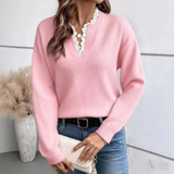 Women's  Lace Trim V-Neck Casual Long Sleeve Knit Sweater