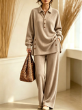 Women’s Knit Polo Set Button Placket Top & Wide Leg Pants Two-Piece Outfit