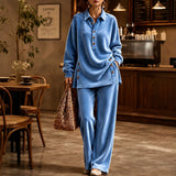 Women’s Casual Velvet Button Placket Top & Wide Leg Pants Two-Piece Outfit
