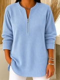 Women’s Casual Knit Half Zip Top Round Neck Long Sleeve Loose Sweatshirt