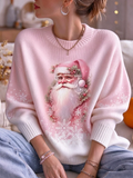 Women's Pink Christmas Santa Claus Print Casual Sweater