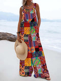 Women's Vintage Hippie Print Casual Strap Wide Leg Pants Jumpsuit