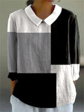 Women's Abstract Geometric Pattern Art Print Casual Cotton And Linen 3/4 Sleeve Shirt