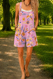 Women’s Purple Retro Floral Print Casual Cotton Wide Leg Romper
