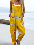 Women's Vintage Fish Sardines Art Print Casual Cotton Wide Leg Jumpsuit