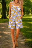 Women’s Blue Daisy Floral Print Casual Cotton Wide Leg Romper
