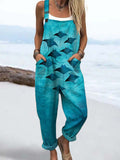 Women's Vintage Manta Rays Print Casual Cotton Wide Leg Jumpsuit