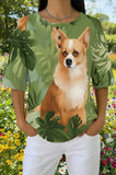 Womens Green Corgi Leaf Print Casual Waffle Cotton Shirt