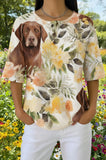 Womens Beige Dog Floral Print Casual Waffle Cotton Shirt