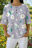 Womens Grey-Blue Floral Print Casual Henley Shirt