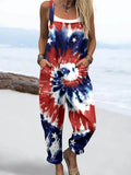 Wome'S American Flag Tie Dye Pattern Print Casual Cotton Wide Leg Jumpsuit