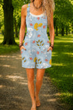 Women’s Light Blue Floral Print Casual Cotton Wide Leg Romper