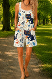 Women’s Beige Navy Cat Print Casual Cotton Wide Leg Romper