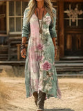 Vintage Floral Print Long Sleeve V-neck  Dress